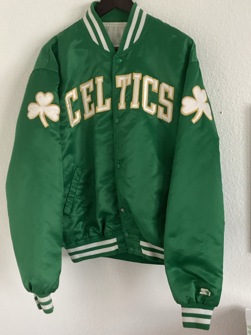 STARTER Green and White Celtics Satin Bomber Jacket